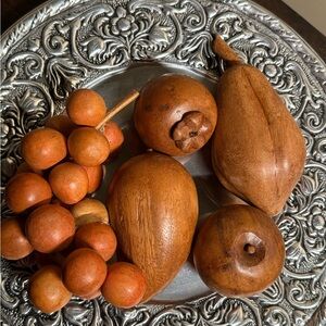 Wood Hand Carved Vintage Mid Century MCM Wooden Fruit 5 Pieces Retro Home Decor